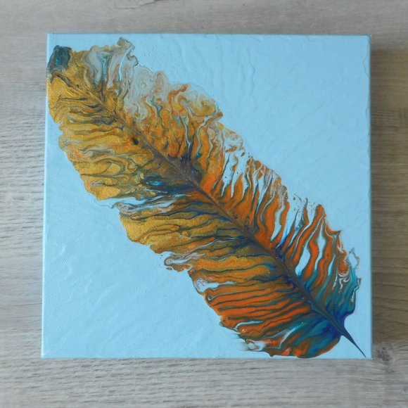 Acrylic Flow Painting, Golden Feather on Canvas - Picture 2 of 8